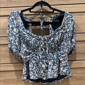 Astr Blue and White Smocked Puff Sleeve Blouse